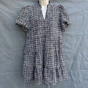 Crown & Ivy Size PL Petite Large Tweed Tiered Short Sleeve Dress Harbor Navy